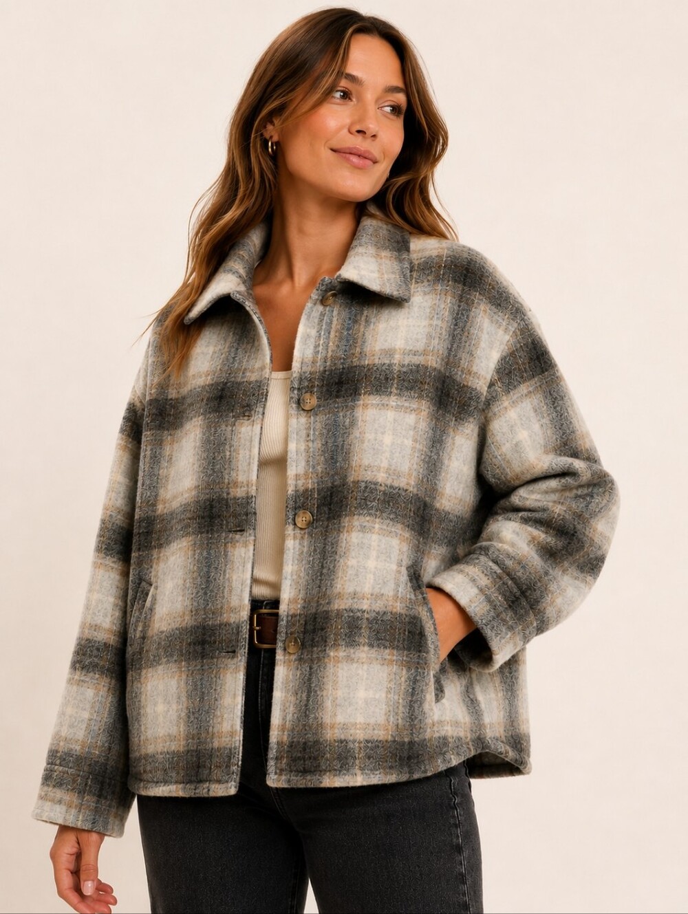 NWT Faherty Rocky Ridge Boiled Wool Plaid Jacket L/XL Gray Cream